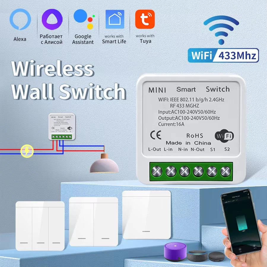 1/2/3Gang Wall Switch RF 433Mhz Wireless Light Switch Tuya Smart Wifi Switch Smart Life APP Voice Control with Alexa Google Home